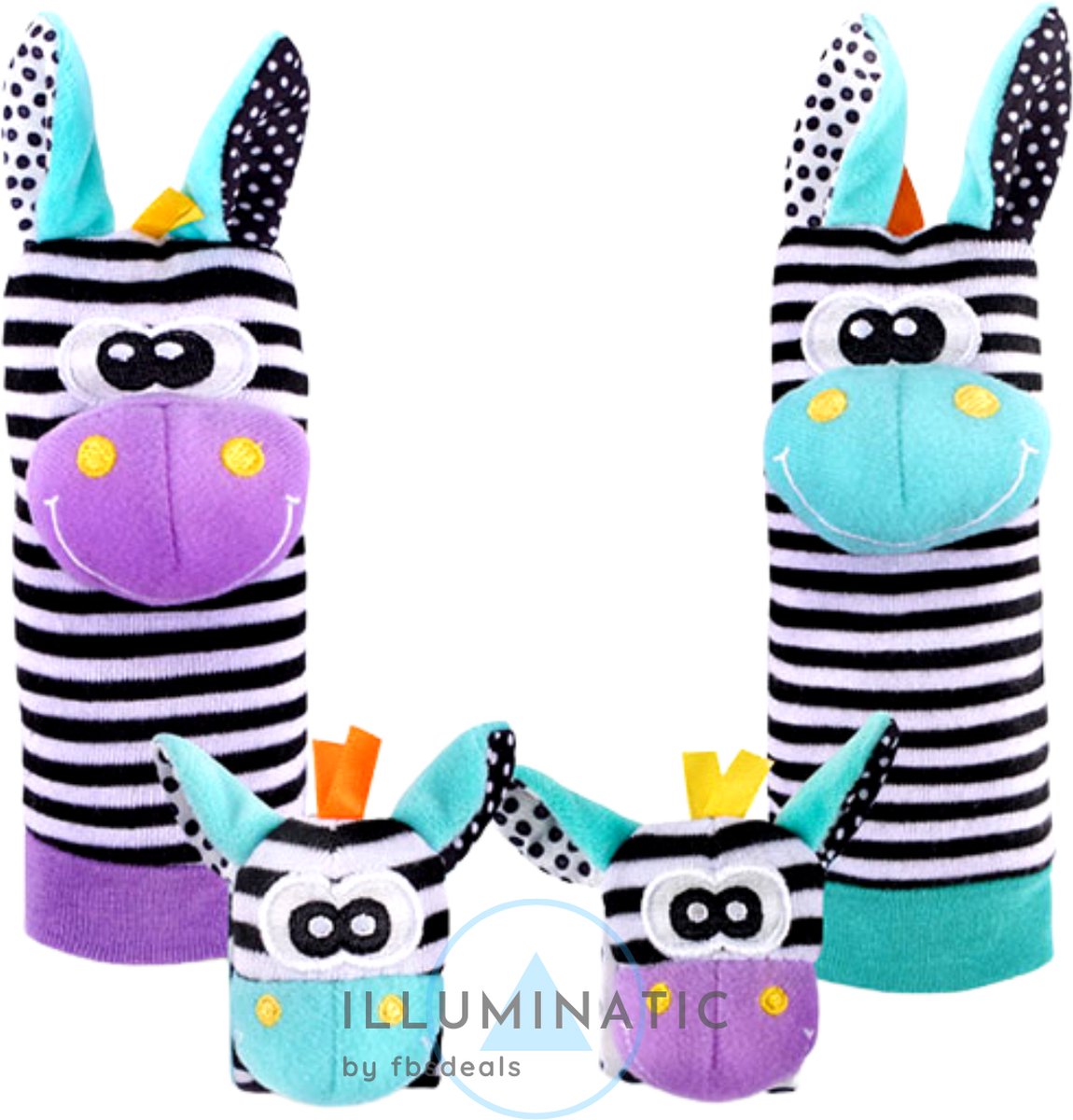 Baby Rammelaar - Rammelaar Sokjes en Armbandjes - Pols en Voetrammelaar - Speel en Voetzoeker Sokken - Baby Sokjes - Pluche Knuffels - Rammelaar - Belletjes | Illuminatic® | Zebra & Giraffe 3 | 1 Set, 4 Stuks